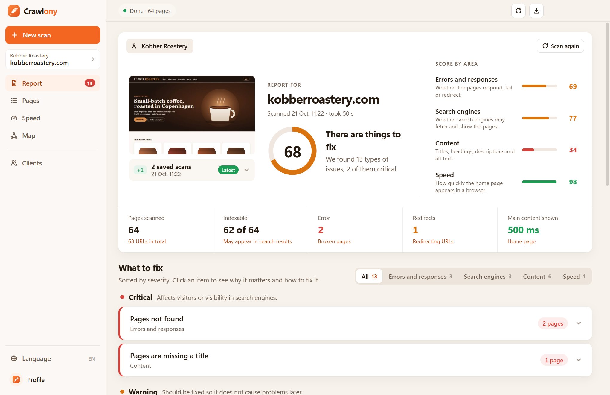 Crawlony showing a report with a score, issues and a fix list.