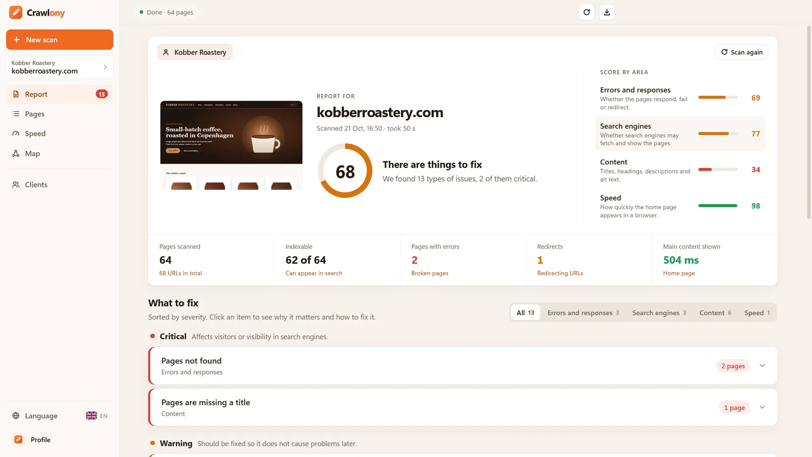 Crawlony zeigt einen Bericht mit Score, Fehlern und To-do-Liste.